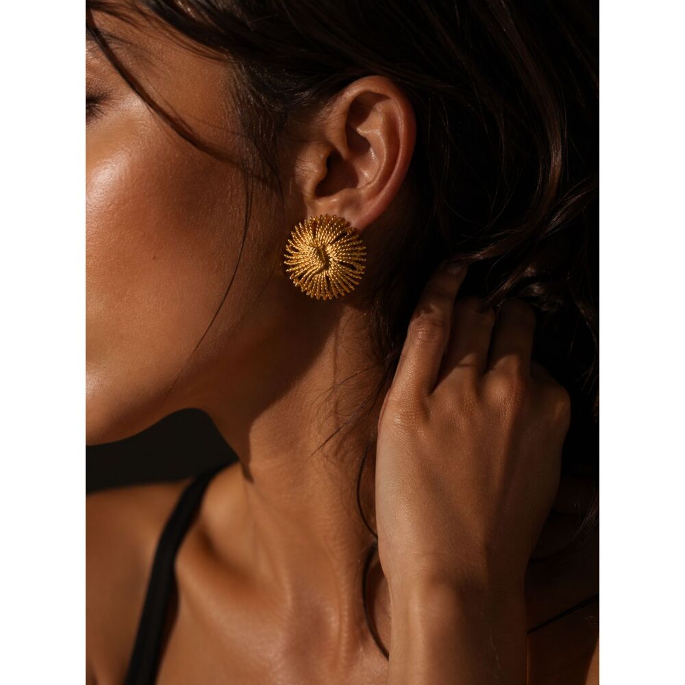 monet Vintage Gold Tone Burst Earrings | Sculptural Sunburst | Retro Glam